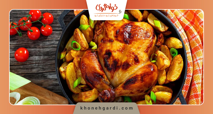 مرغ شکم پر با کشمش و گردو و رب انار