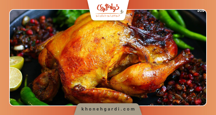 مرغ شکم پر با کشمش و گردو و رب انار