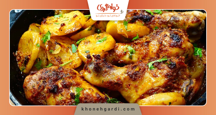 خوراک مرغ و سیب زمینی با رب گوجه