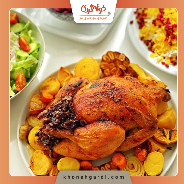 مرغ شکم پر با کشمش و گردو و رب انار